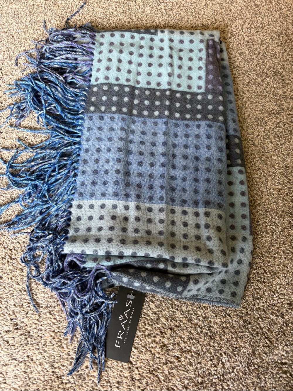 Fraas Blue, Gray and Aqua Polka Dot Fringe Scarf